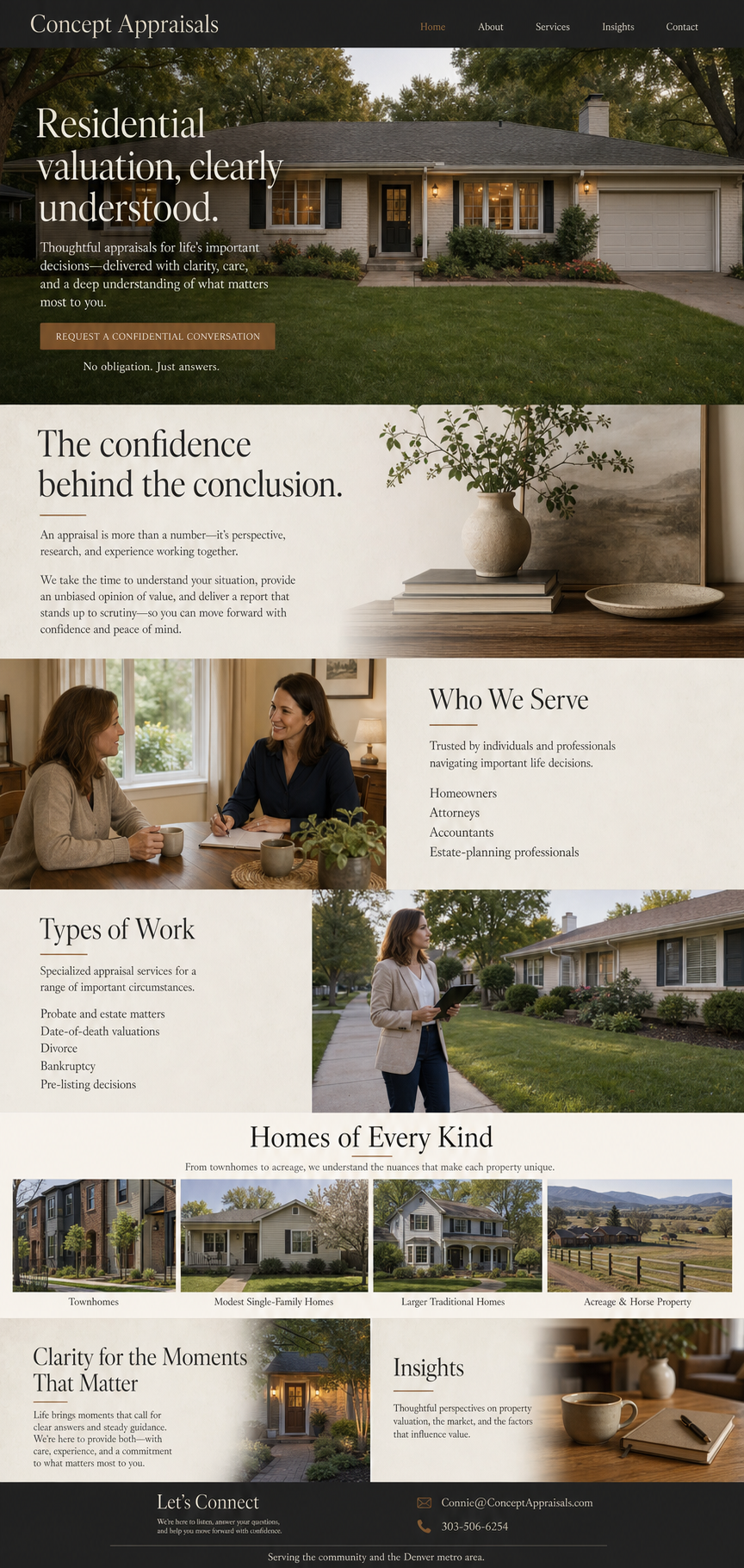 Editorial collage of Colorado homes, interiors, mountain landscape, and Connie of Concept Appraisals