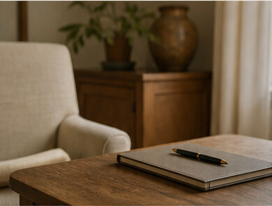 A quiet chair and table prepared for a thoughtful conversation