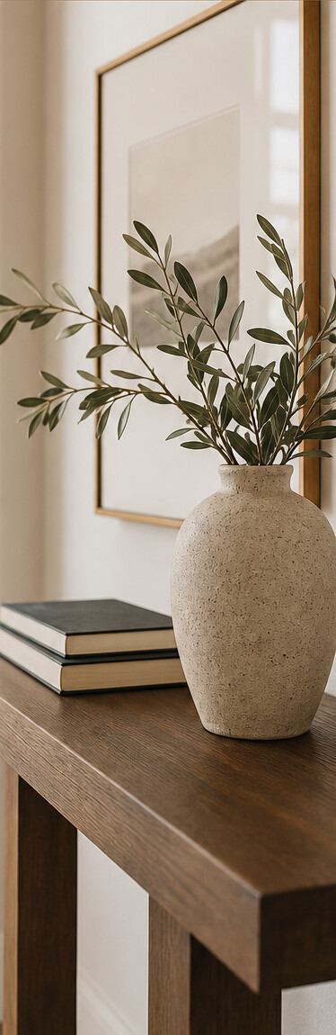 A calm residential interior with leafy branches in a ceramic vase