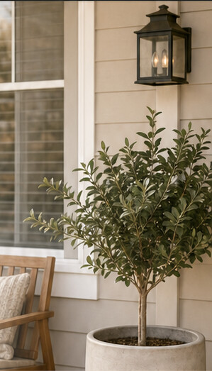 A residential porch with a potted tree